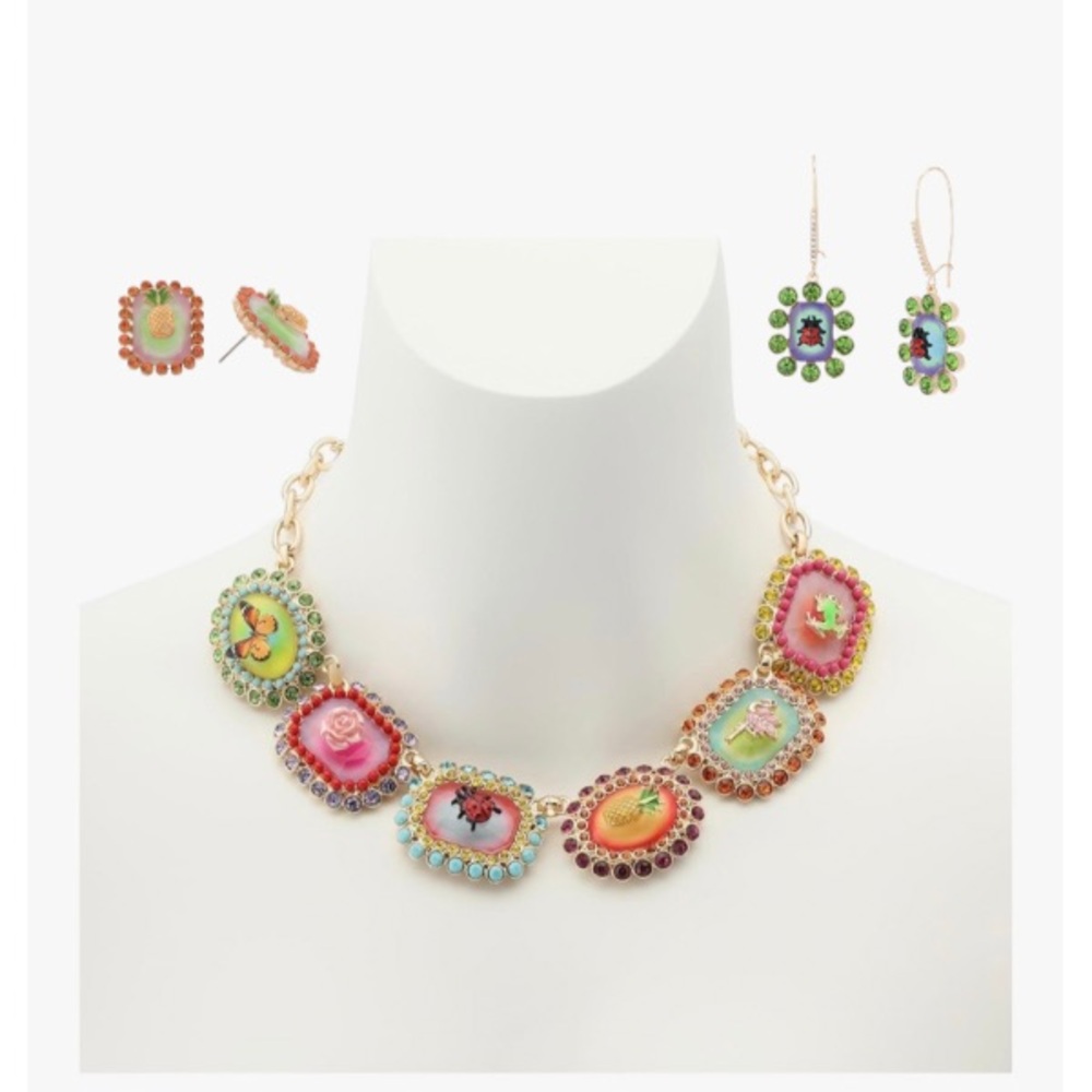 Betsey Johnson Backyard Stone Bib Collar Necklace, Ladybug & Pineapple Earrings